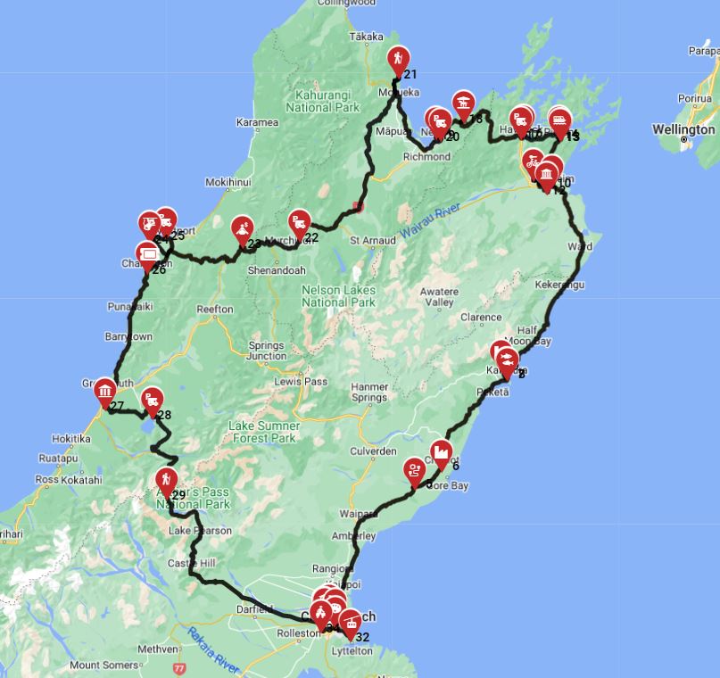 Map for Christchurch Roundtrip - North of the South Island